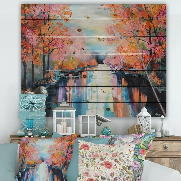 Designart 'The River Through Orange Autumn Forest' Lake House Print on Natural Pine Wood