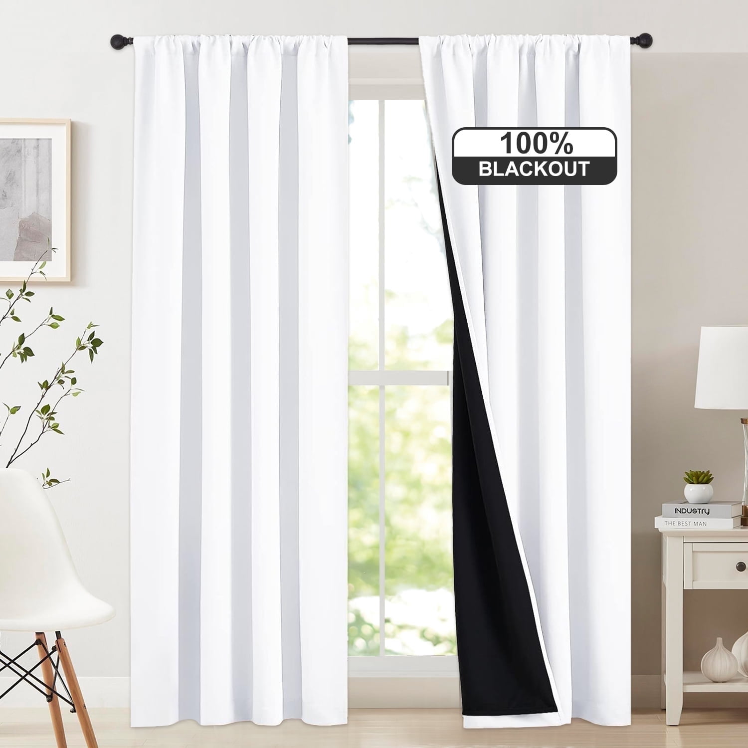 NICETOWN 100% Blackout Window Curtain Panels, Privacy Protection Noise Reducing Rod Pocket Drapes Black Lined Insulated Window Treatment Curtains, White, 52"x84", 2 Panels