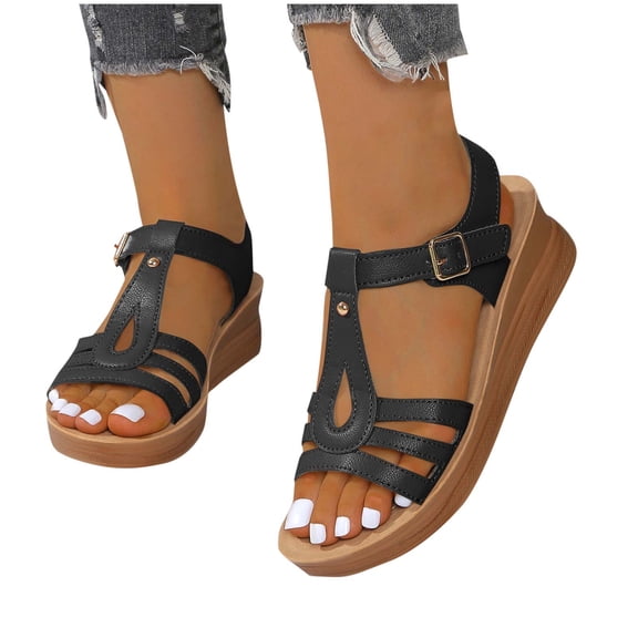 Fnooota Women's Wedge Sandals, Non-slip Casual Open Toe Ankle Strap Comfort Sandals Black Size 7