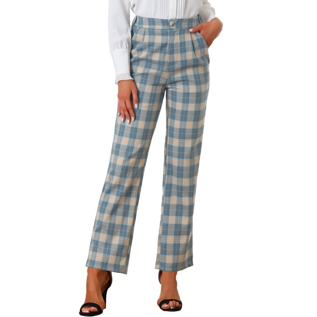 Pantalones largos rectos de cintura elástica con botones y cremallera de cuadros para mujer Inspire Chic S color caqui gris azul