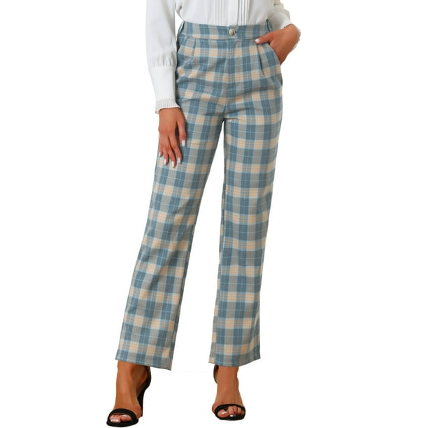 Pantalones largos rectos de cintura elástica con botones y cremallera de cuadros para mujer Inspire Chic L color caqui, gris y azul