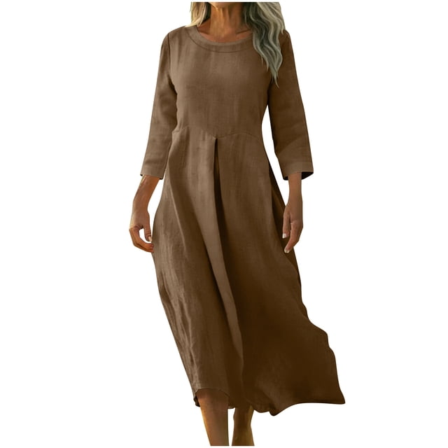 Floleo Robe Décontractée pour Femmes à Col Rond, Couleur Unie, Manches 3/4, avec Poches, Polyvalente pour Usage Quotidien, Week-End, Lune de Miel, Ensemble de Sport, Jogging (Marron, G)