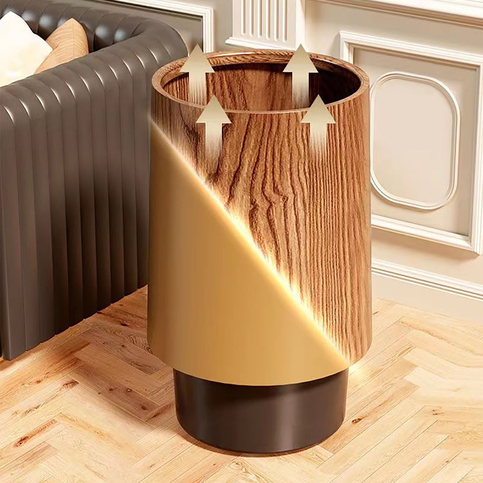 12L Walnut Brown Wood Grain Bathroom Garbage Can with Swing Top Lid, Can with Lid,Rotating Design, Detachable Inner Bin, Minimalist Diaper Can, Dustbin for Office (Brown 12L New)