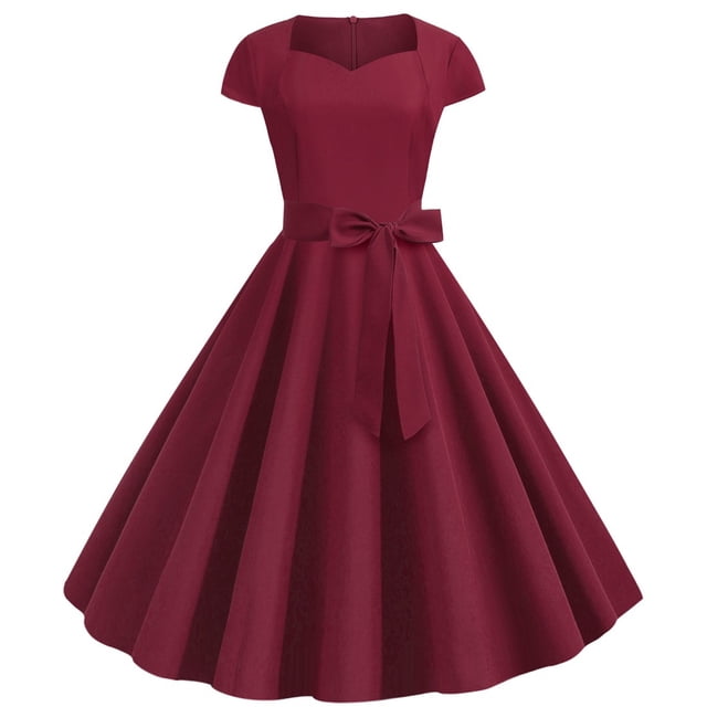 Robe à Manches Courtes Femme Col Carré Rétro Manches Courtes Couleur Unie Ceinture Nœud Robe Évasée Robe