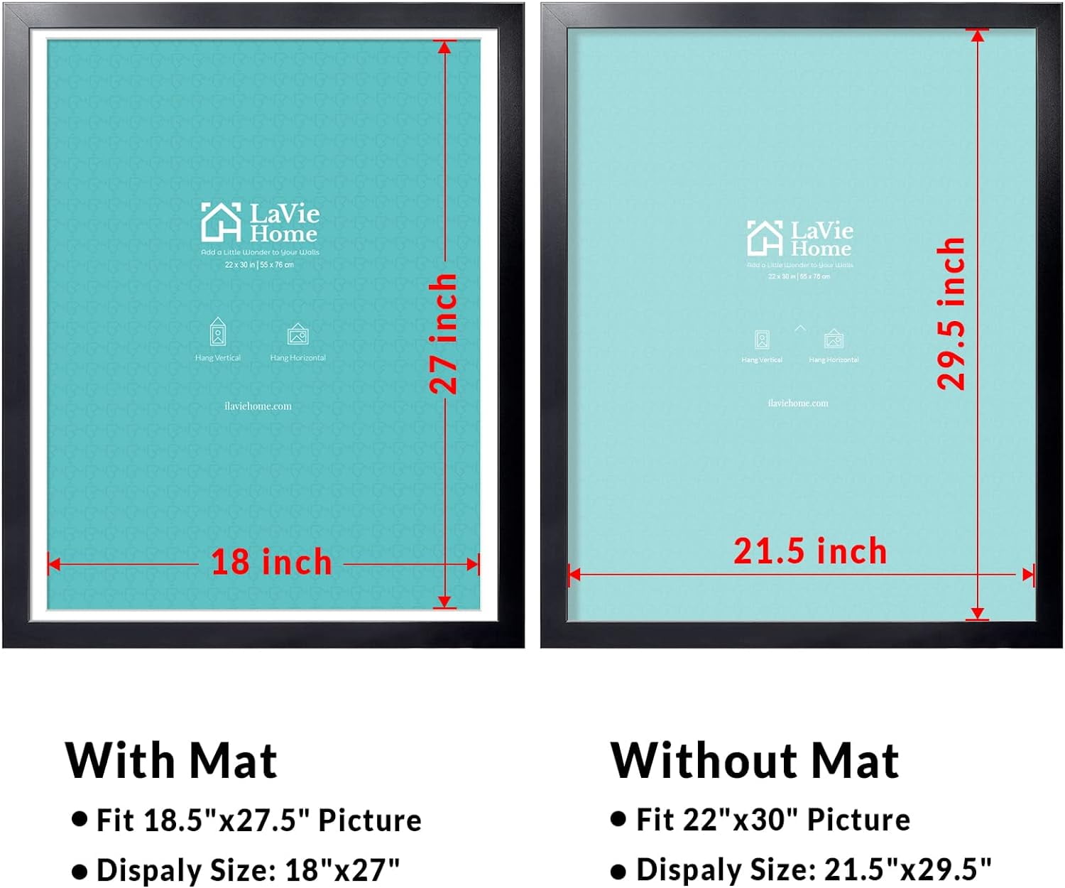 22 x 30 Poster Frame Black, Display Pictures 18x27 with Mat or 22x30 Without Mat, Stable and Sturdy Picture Frame and Polished Plexiglass, Horizontal and Vertical Format of The Wall（1 Pack）