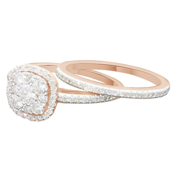 AFFY Round Cut White Natural Diamond Cluster Engagement Bridal Wedding Ring Set In 10K Solid Rose Gold