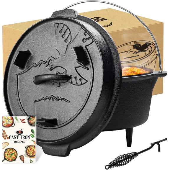 Camp Dutch Oven Pre Seasoned Cast Iron Lid Also a Skillet Casserole Pot with Lid Lifter for Camping Cooking BBQ Baking 6QT(Pot Lid)