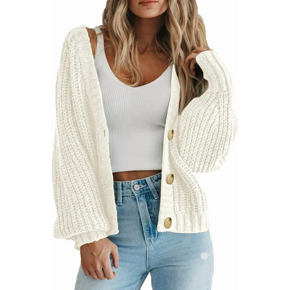 Women's Fall Winter Chunky Knit Open Front Cardigan Long Sleeve Button Detail Loose Fit Cozy Outerwear Jacket