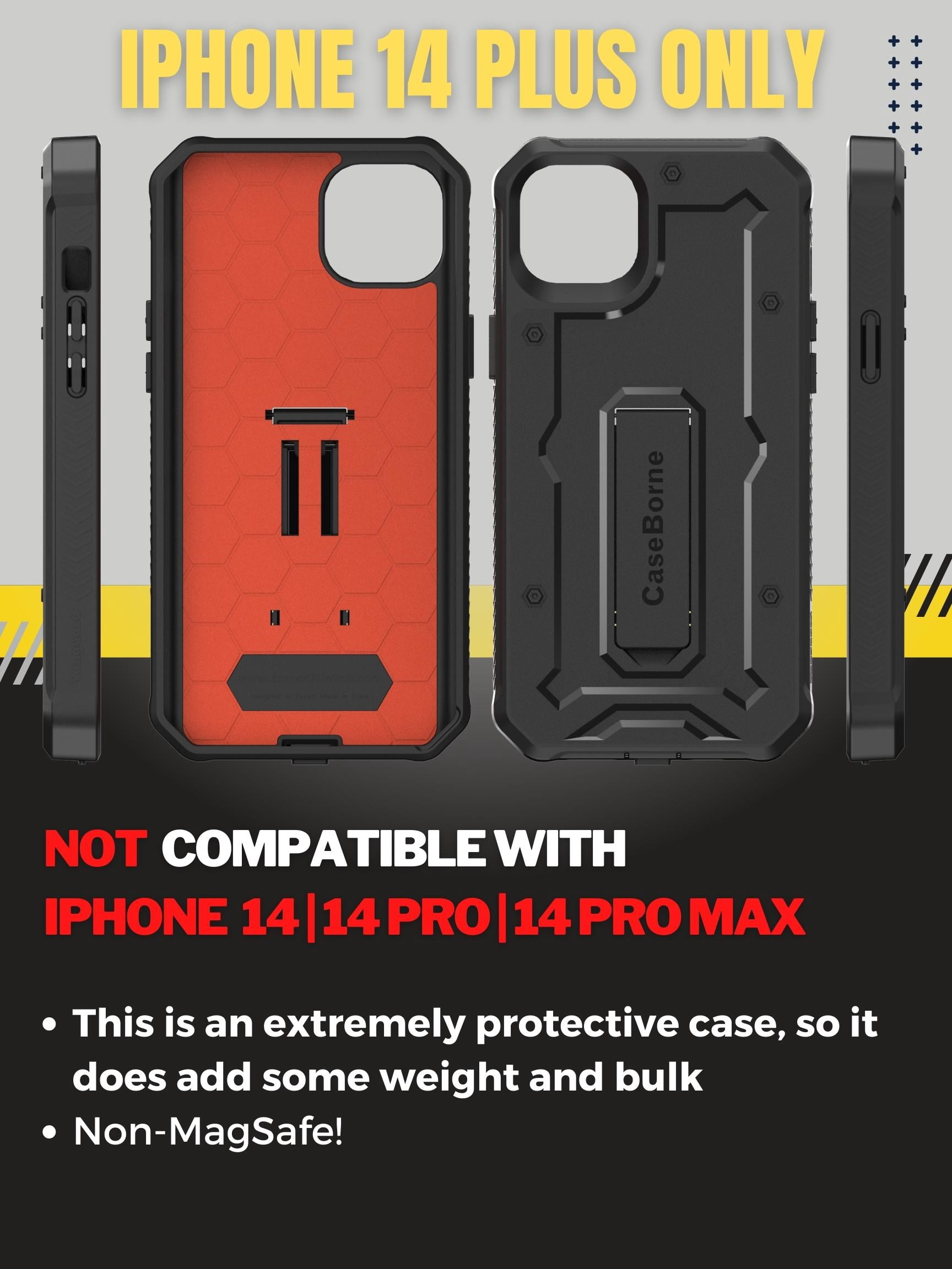 CaseBorne V Series Case Compatible with iPhone 14 Plus - Military Grade Full-Body Rugged with Kickstand and Built-in Screen Protector - Black