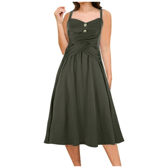 Mini Dresses for Women 2024 Plus Size Sleeveless V-neck Casual A Dress Solid Color Button Dress