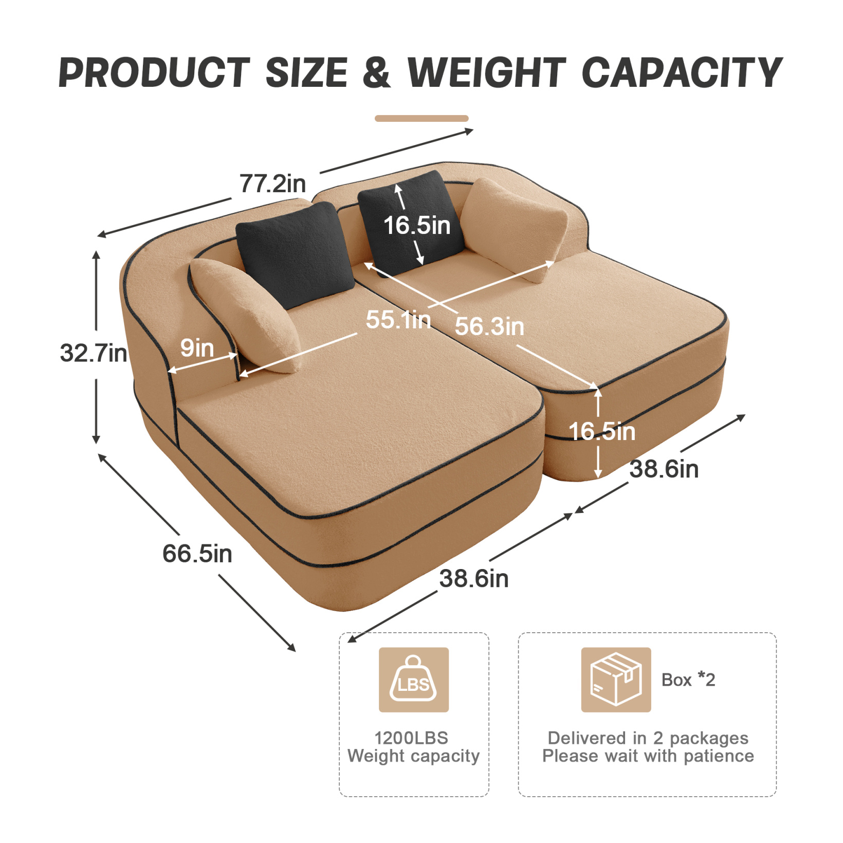 77.2" Teddy Fabric 32D Boneless Sofa,Modular Sectional Sofa with Curved Armrest,Contrast Color Design with Pillow,Fluffy Comfy Couch with L Shaped Chaise,for Living Room,No Assembly Required,Camel