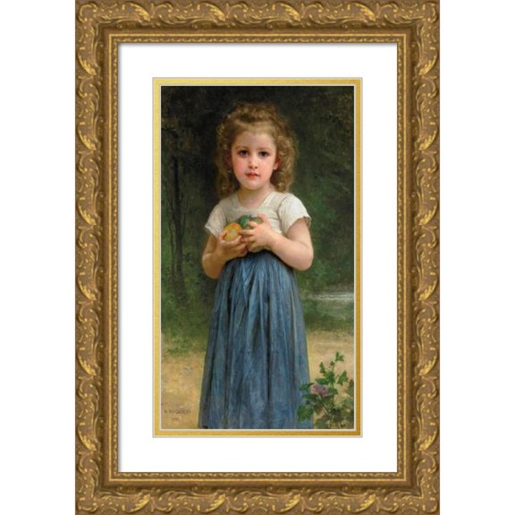 William Bouguereau 10x14 Gold Ornate Wood Frame and Double Matted Museum Art Print Titled - Little Girl Holding Apples in Her Hands (1895)