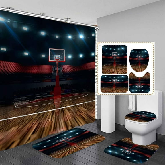 4PCS Basketball Sports Shower Curtain Sets with Rugs, Waterproof Fabric Shower Curtain, Ball Game Professional Basketball Field Stadium Arena Championship Player Teen Boys Men Bathroom Decor