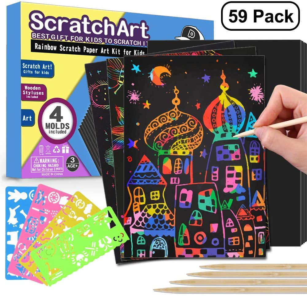 Rainbow Scratch Art Paper,5 Wooden Styluses Included Pack of 50