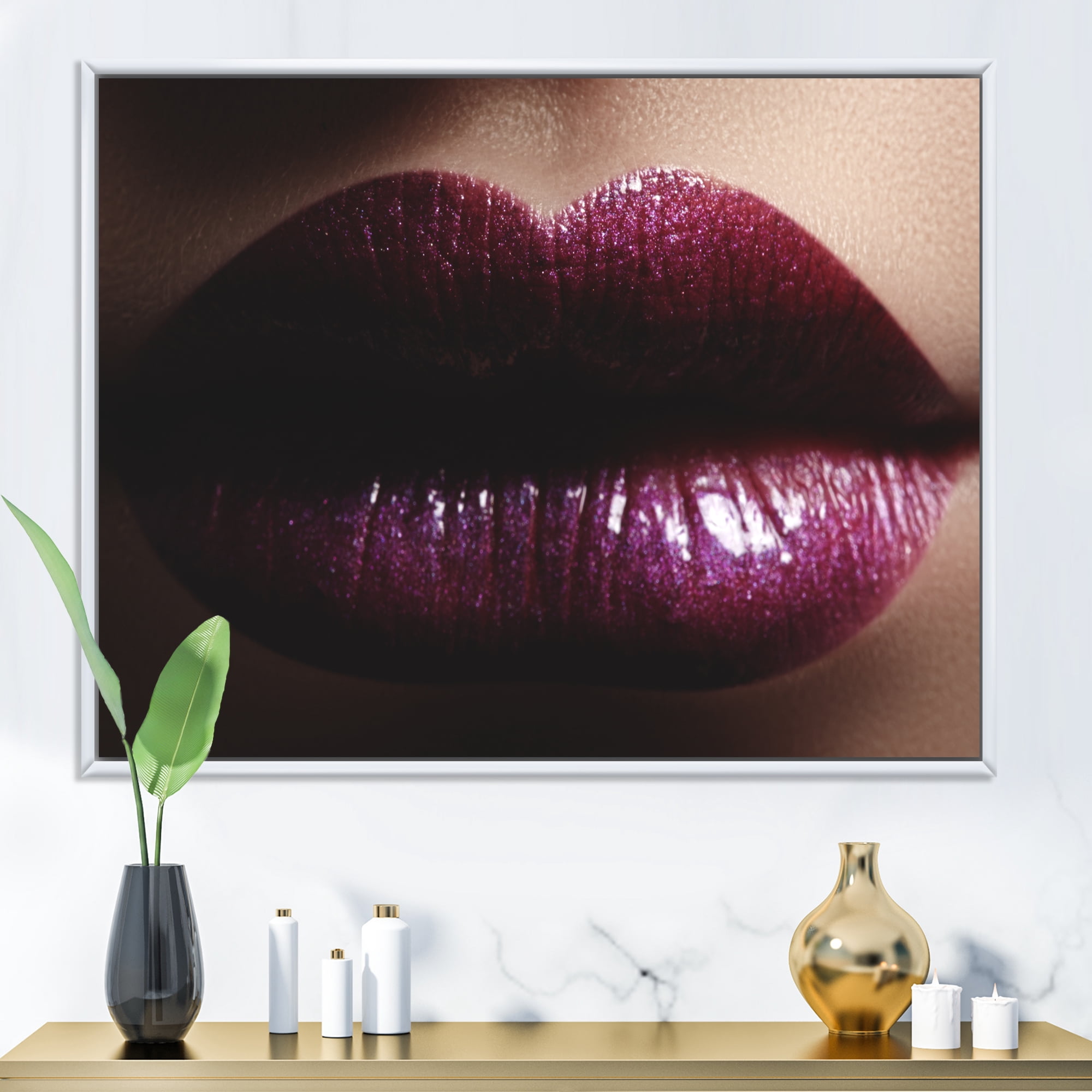 Close-Up Of Woman Plump Lips With Glitter 32 in x 16 in Framed Photography Canvas Art Print, by Designart