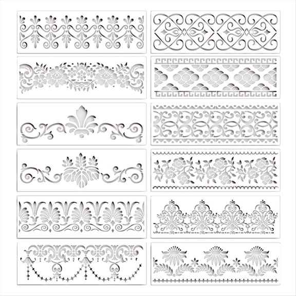 Rollbacks & More 12Pcs Flower Border Stencils Mandala Reusable Cut Painting Templates for DIY Craft Stencils, 12 x 3.9 Inch