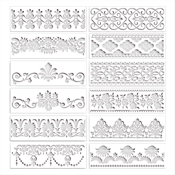 12 Plantillas de Borde Flores, Mandala, Pintura Cortadas Reutilizables para Manualidades DIY, X 3,9 Pulgadas