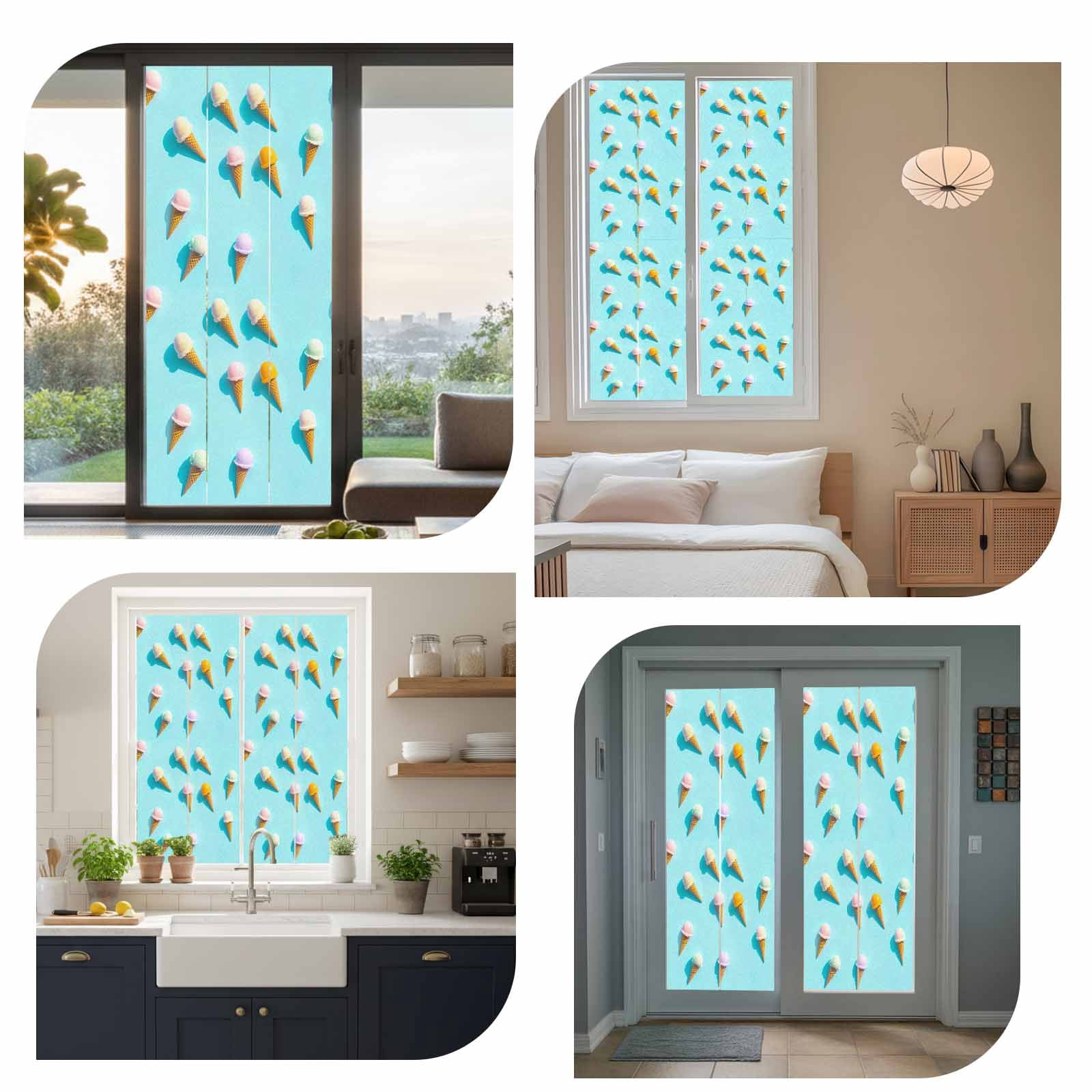 Blue Ice Cream Window Privacy Film, Summer Colorful Ice Cream Static Cling UV Sun Blocking Tint Film Heat Control Windows Films for Bedroom Bathroom, Window Stickers 23.6"x59"