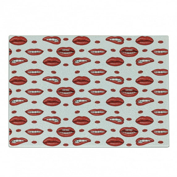 Vintage Cutting Board, Various Women Lip Forms in Several Gestures Sad Nervous Happy Female Print, Decorative Tempered Glass Cutting and Serving Board, Small Size, Vermilion and White, by Ambesonne