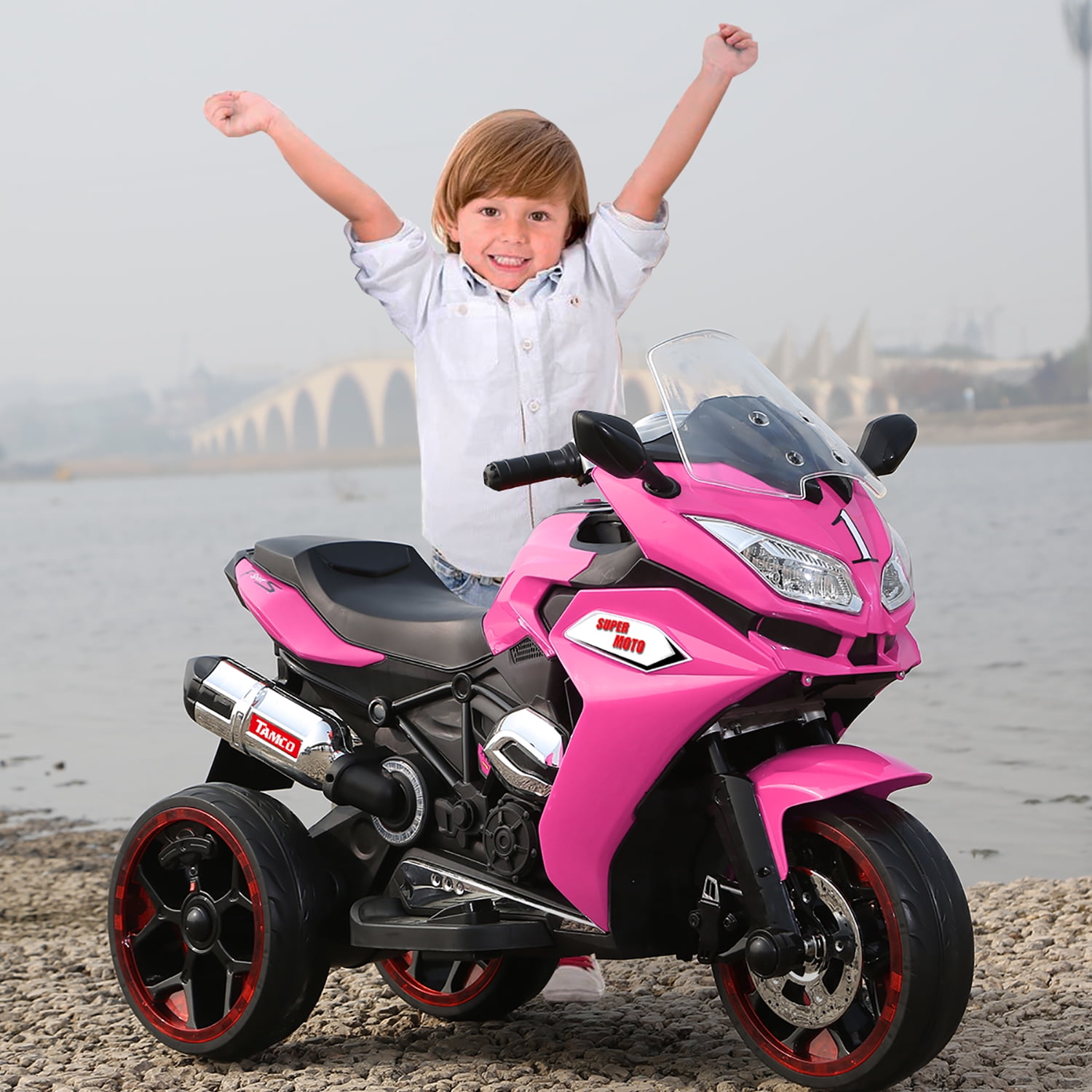 CIPACHO 12V Kids Electric Motorcycle, Electric Ride On Car Toys with 3 Lighting Wheels Trike Motorcycle for Boys and Girls, Pink