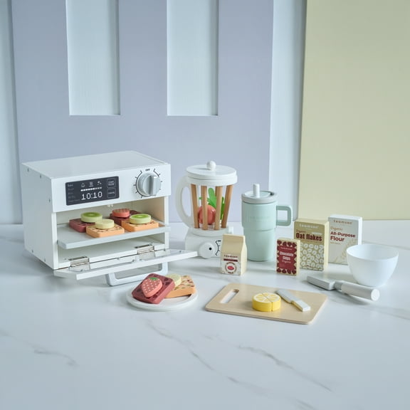 Teamson Kids Little Chef Santa Barbara Wooden Healthy Dessert Set with 27 Food Accessories with Oven & Blender, White