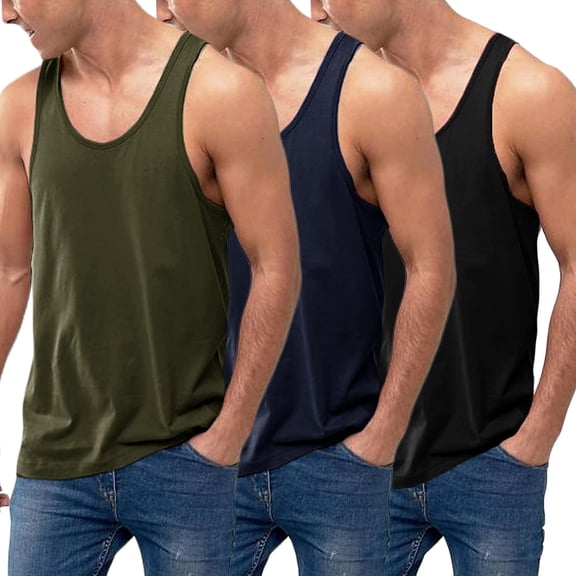 Men's 3 Pack Cotton Performance Classic Tank Tops (M, Black/NavyBlue/Army Green)
