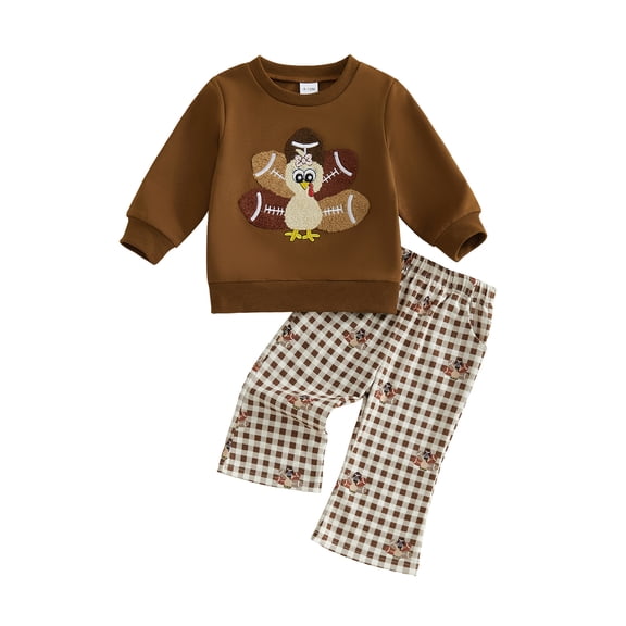 Cjfdfy Toddler Baby Boy Girl Thanksgiving Outfit Turkey Football Embroidery Long Sleeve Pullover Plaid Flare Pants Little Baby Cute My First Thanksgiving Fall Winter Outfit 6M-4Y