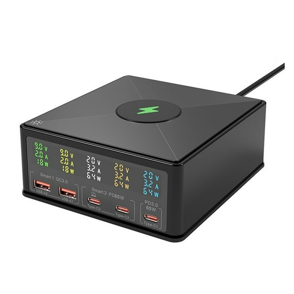 160W USB C Desktop Charger with LED Display, 6-in-1 Wireless Charger PD 65W QC3.0 Fast Charging Station Power Adapter ,Portable Station