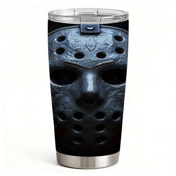 Dark Hockey Mask Horror Water Cup with Lid, Stainless Steel Insulated Spooky Travel Tumbler