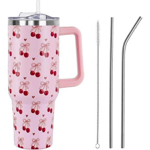 Floral Gnomes and Bees Tumbler with Handle and Straw Lid 40 oz,Cute Spring Summer Gift for Women Men Yellow Flowers Vacuum Insulated Leak Proof Stainless Steel Coffee Cup Mug