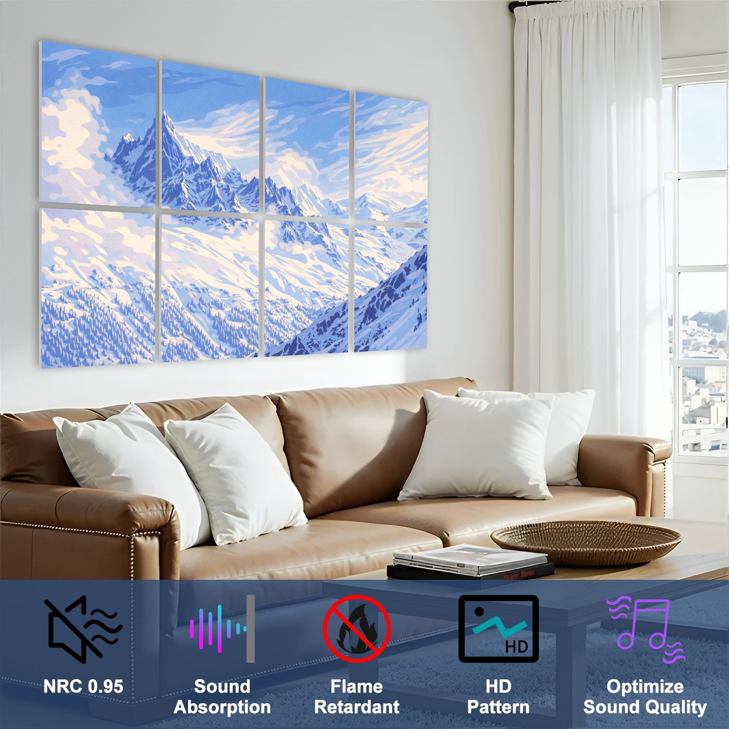 8 Pack Art Acoustic Panels Sound Absorbing Mountains Chamonix Decorative Soundproof Wall Panels Self Adhesive for Nursery Game Room Bedroom 48"x32"