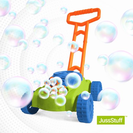JussStuff Lawn Mower Bubble Machine – Musical Push Toy & Automatic Bubble Blower with 236 ML Bubble Solution for Kids and Toddlers - Green
