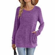 Horkkom Pullover Sweaters for Women Solid Color Long Sleeve Crewneck Sweaters Casual Loose Cozy Sweaters with Pockets L