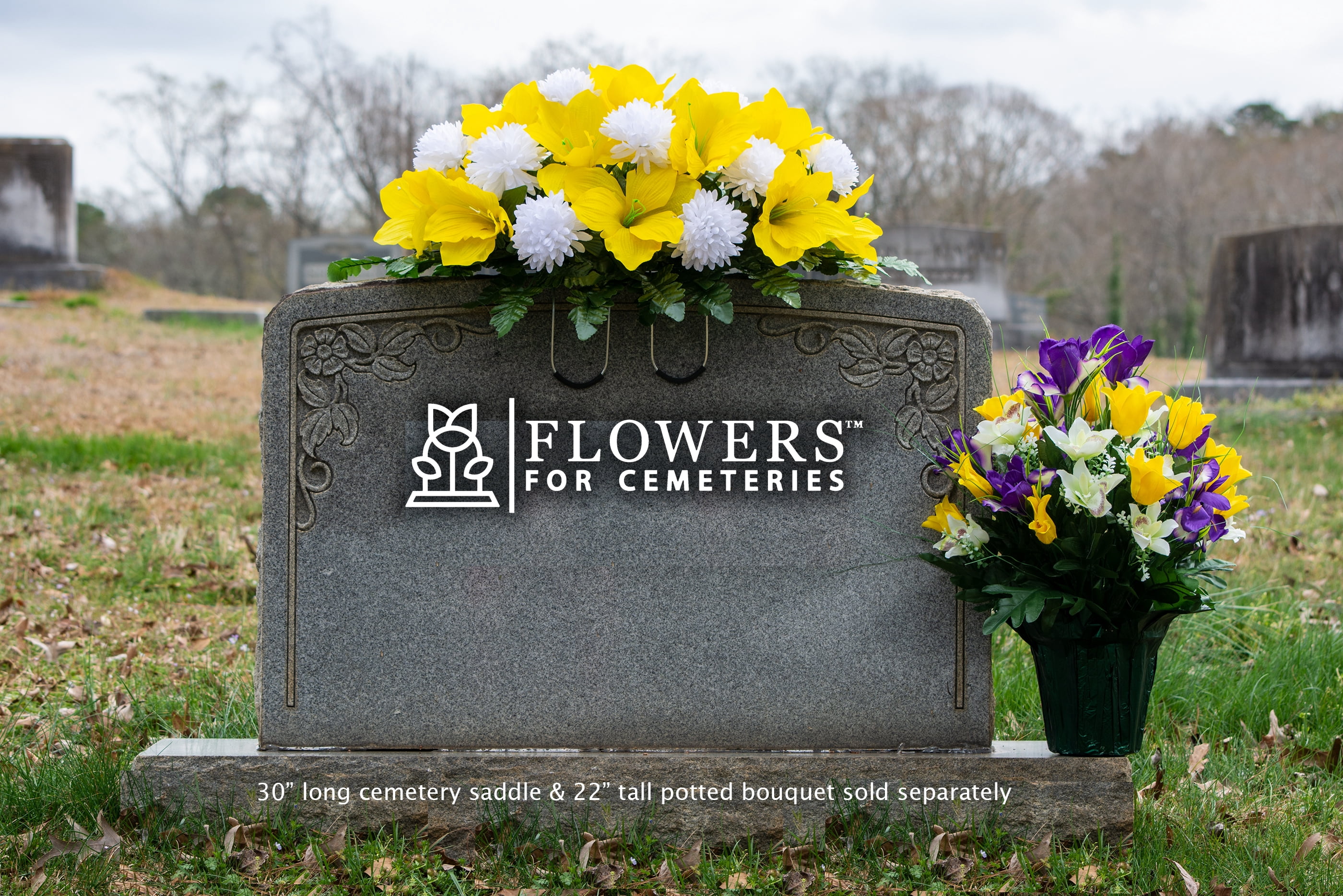 Sympathy Silks Outside Weighted Pot Silk bouquet- Artificial Yellow Tulip & Purple Iris