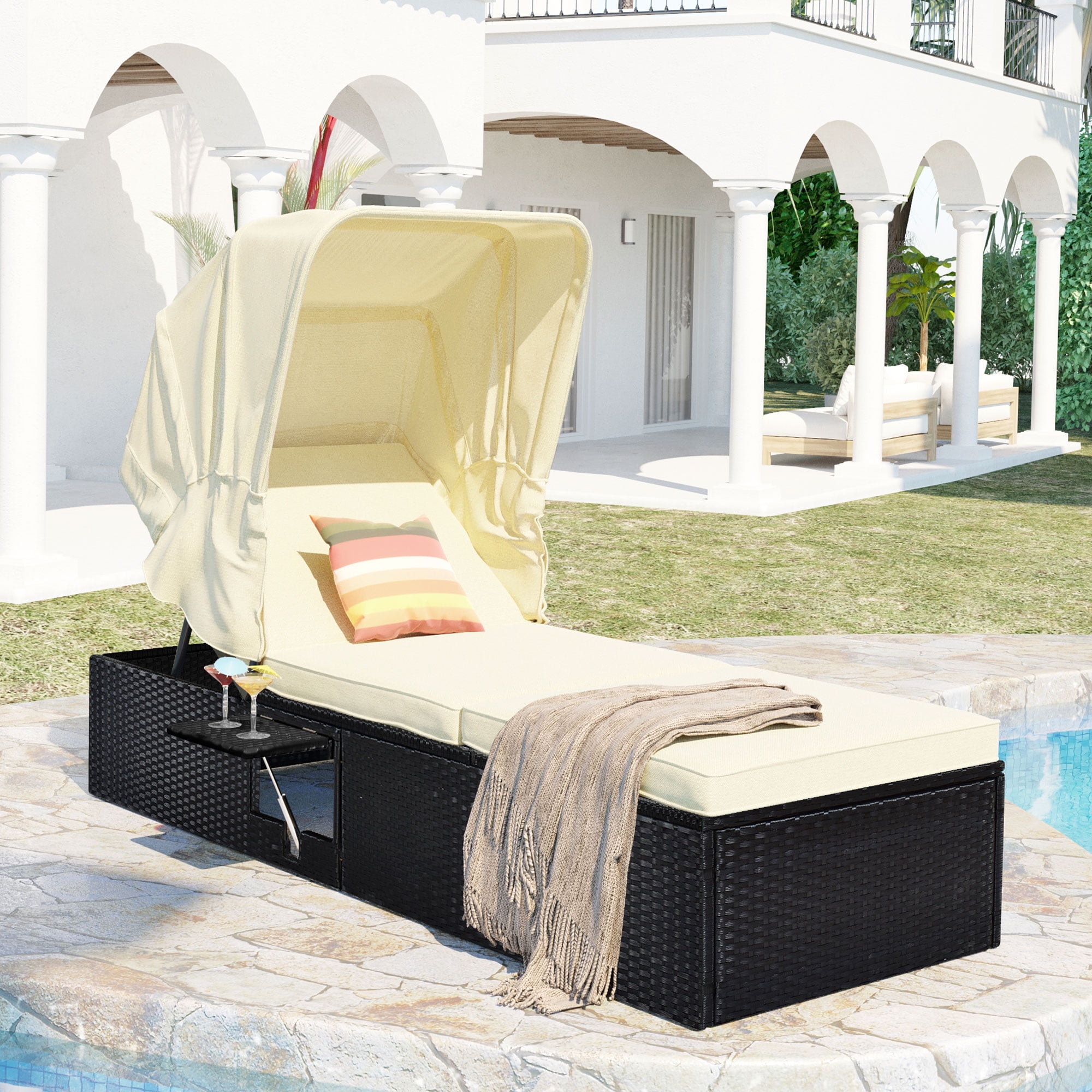 Outdoor Chaise Lounge Reclining Chair Sun Bed Lounger Recliner Sunshade Canopy Tea Table Sponge Padded Seat Cushion 5 Adjustable Backrest Position Suitable For Beach Pool Side Balcony Patio Garden Use 