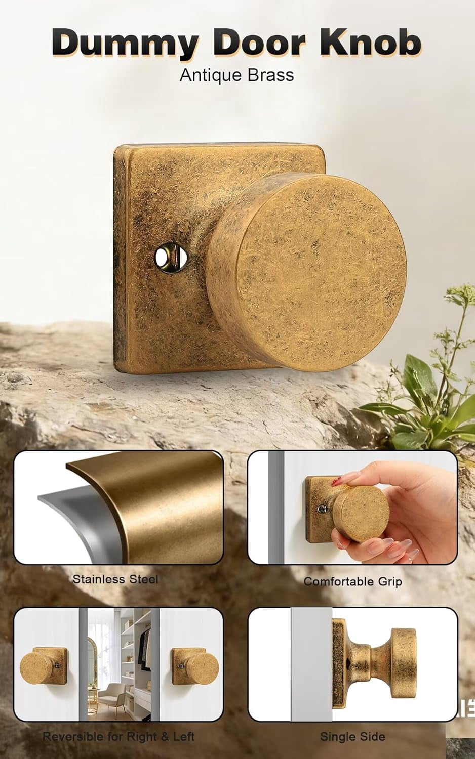 JJEAN-Dummy Door Knob Antique Brass Finish, 2 Pack Standard Size Interior Door Handles Single Sided Dummy Door Handles, Square Panel Knob for Closet