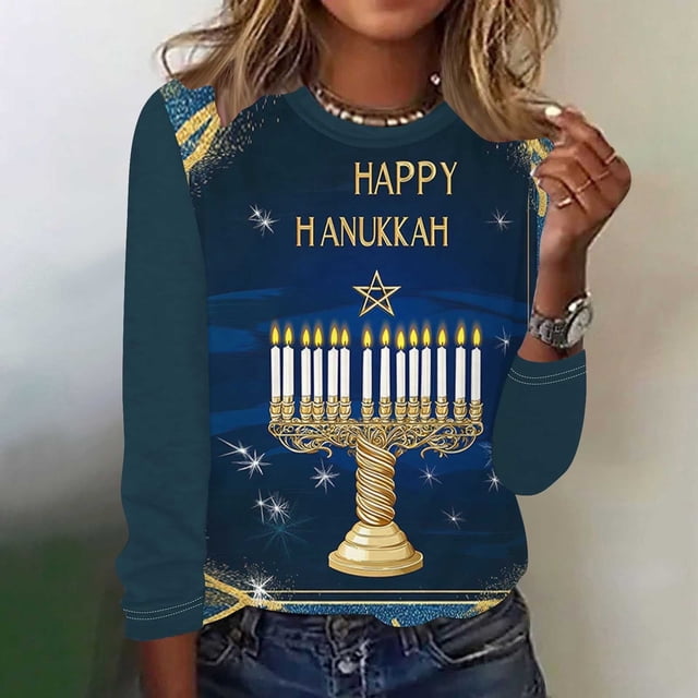 Sudadera Wancir Hanukkah, suéter Hanukkah para mujer, suéteres de Janucá, jersey de Menorah, camisetas casuales de manga larga