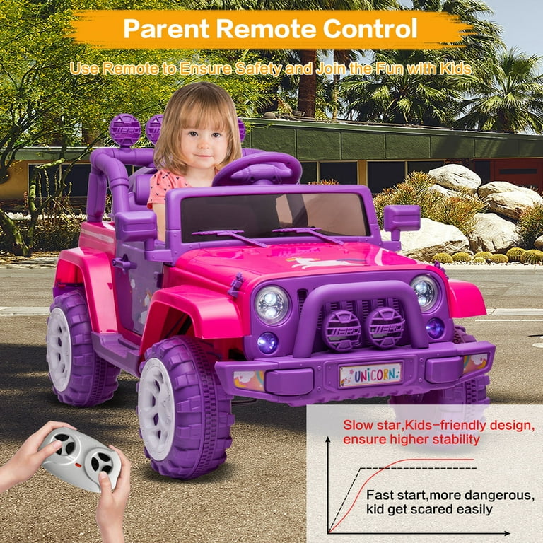 12V Electric Kids Car Toy Unicorn Ride On Car with Remote Control DIY Stickers MP3 LED Lights Full Function Doors Four Wheels Suspension 2