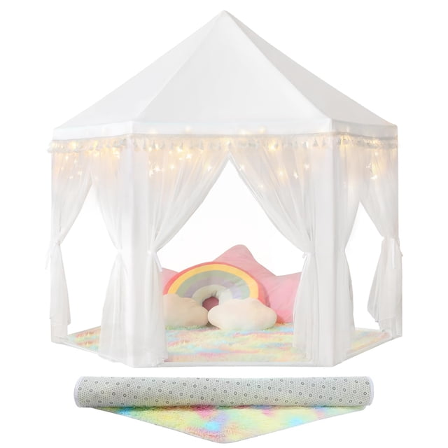 Tienda de campaña Princess Senodeer blanca con alfombra arcoíris y luces de estrellas