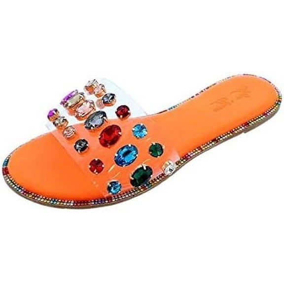 Liliana Honnay-2 Orange Clear Rhinestone Gem Slip On Slide Mule Flat Sandals (HOLO, 7)