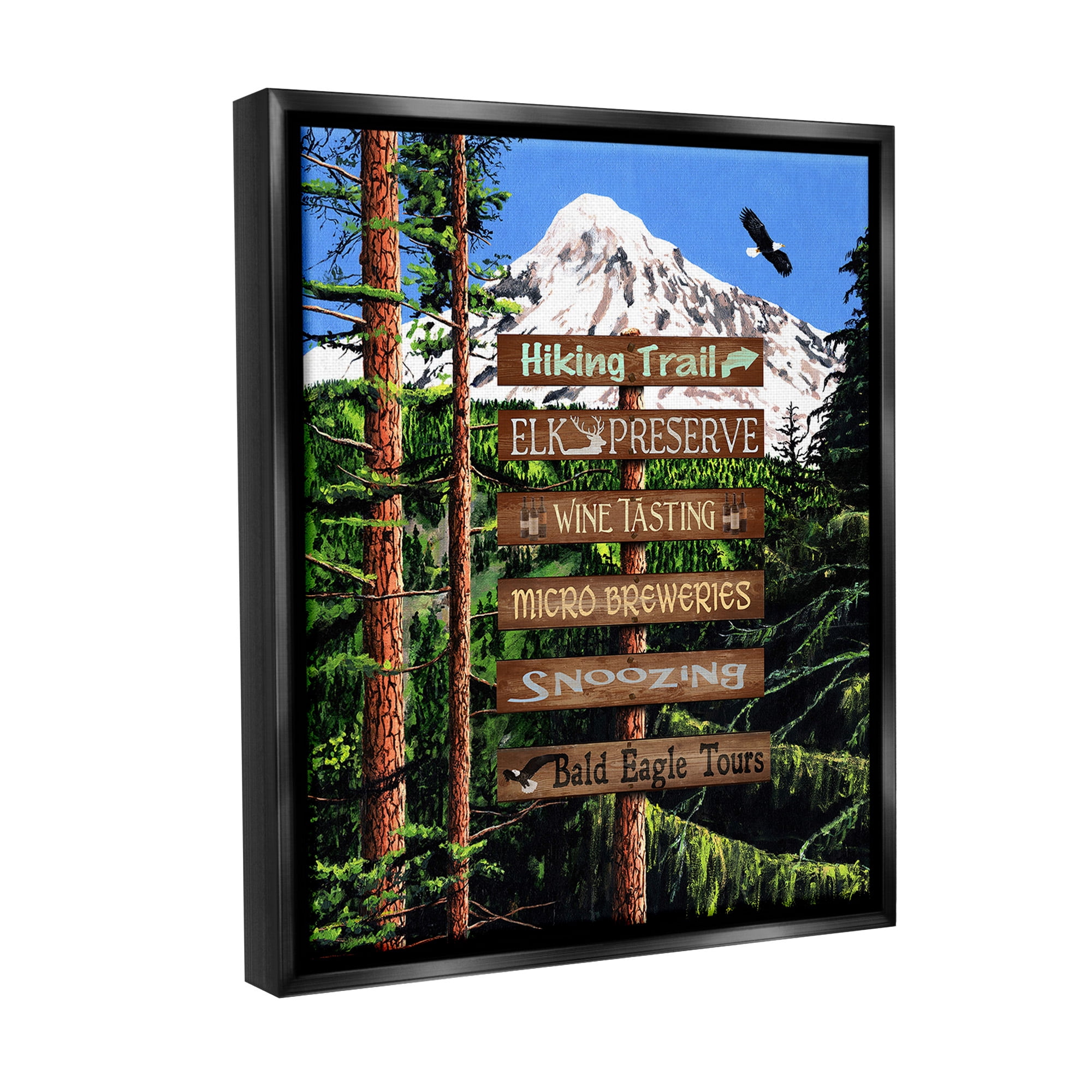 Stupell Industries Woodland Activities Sign Landscape Painting Black Floater Framed Canvas Art Print Wall Art, 17 x 21