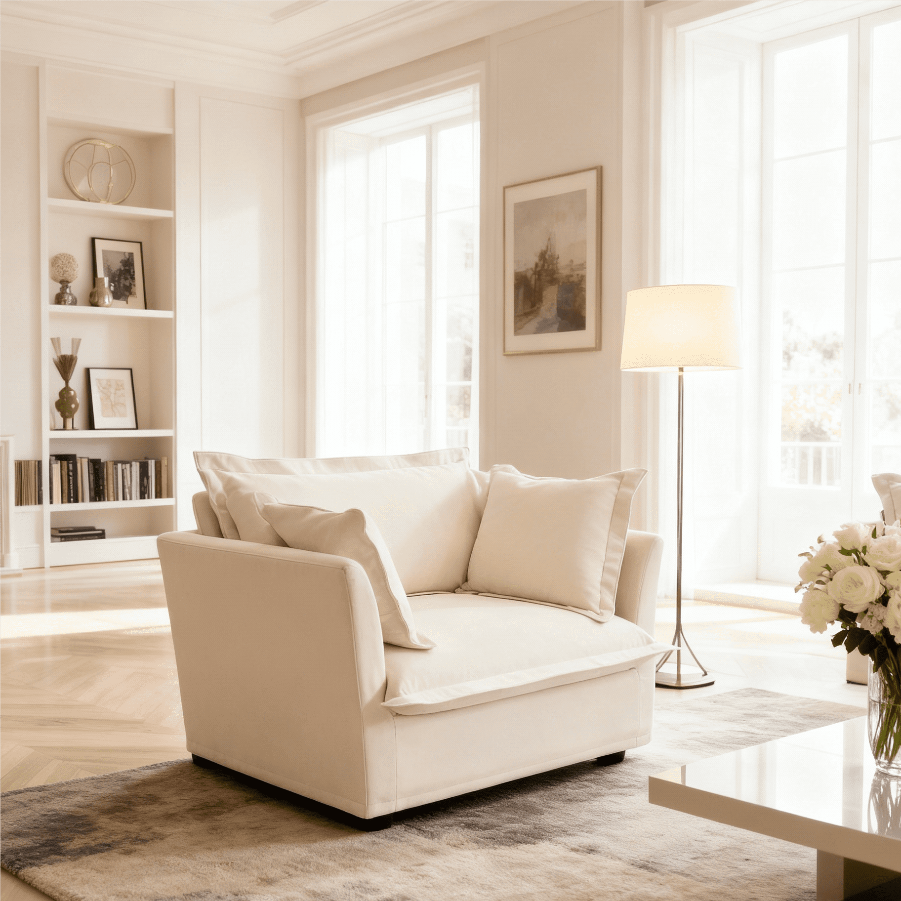 Gewnee Chenille Fabric Cream Deep Seat Singel Accent Chair Sofa Couch for Living Room, Reading Room, Bedroom and Working Spaces