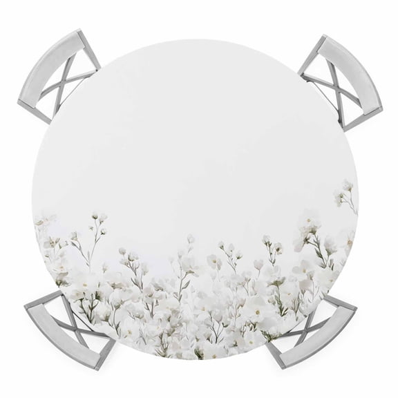 White Floral Round Tablecloth for 55-60 Inch Tables,Fitted Table Cover with Elastic Edge,Vintage Botanicals Blossom Motif Spring Waterproof Outdoor Table Cloth Protector for Patio Garden Dinner