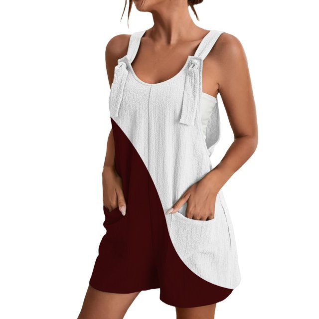 Summer Jumpsuit! Fadeal Women's Spring Round Neck Patchwork Color Block Loose Casual Jumpsuit Womens Jumpers and Rompers Wine S