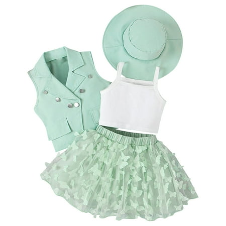 

Rovga Outfits For Toddler Girls Summer Sleeveless Coat White Vest Butterfly Tulle Skirt Hat Four Piece Outfits Set For Kids Clothes