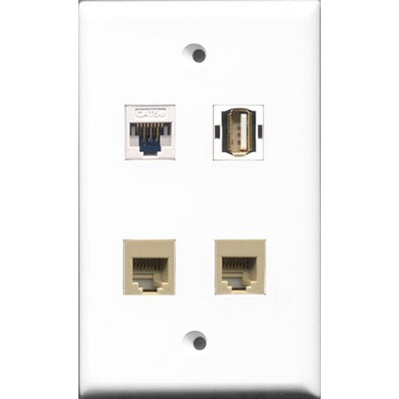 RiteAV 1 Port USB A-A 2 Port Phone RJ11 RJ12 Beige and 1 Port Cat5e Ethernet White Wall Plate