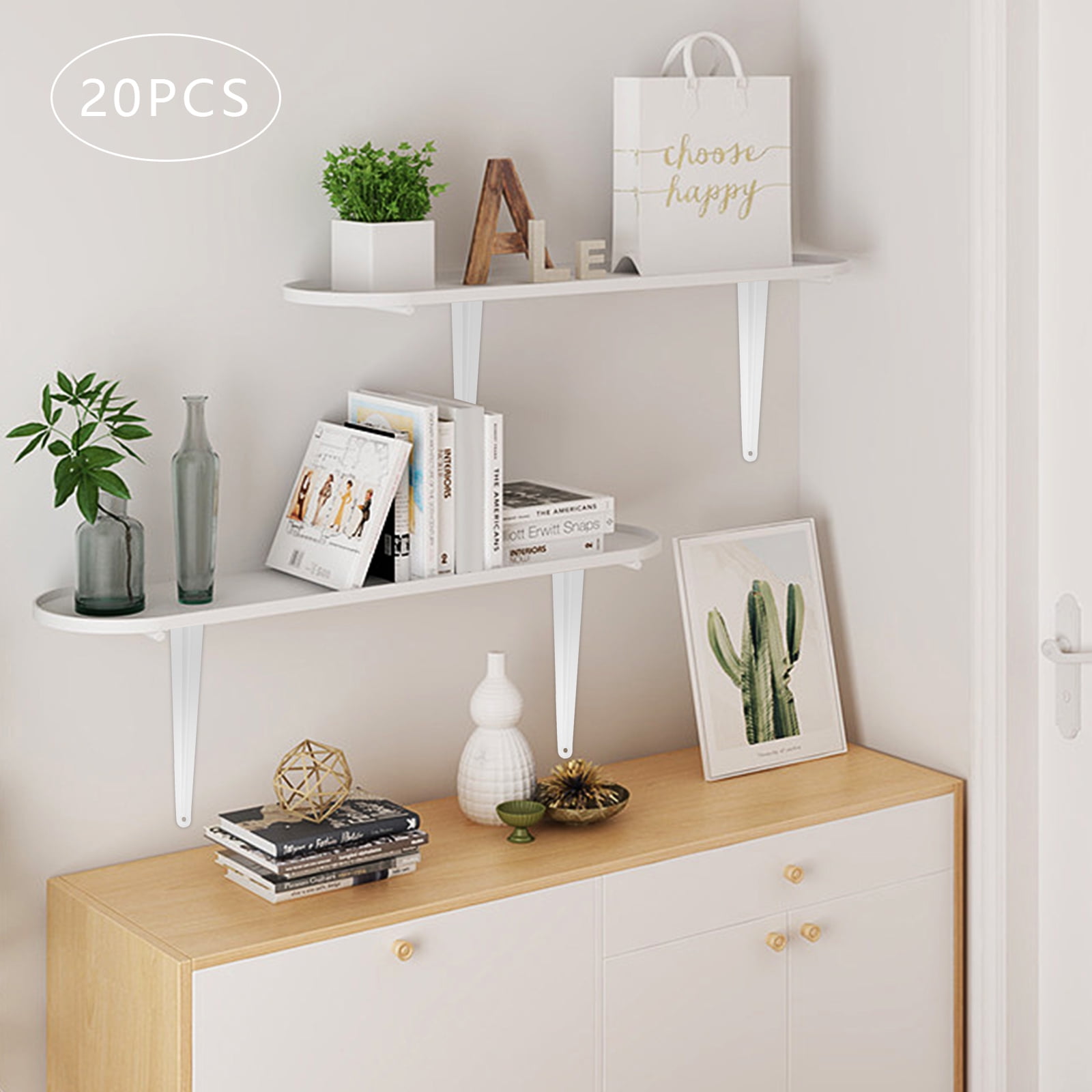 Heavy Duty Shelf Brackets, 20-Pack 8x10 Inch L-Shaped Corner Braces, White Powder Coated Carbon Steel, Supports 16.5lbs Each, for Wall Mounted Shelves