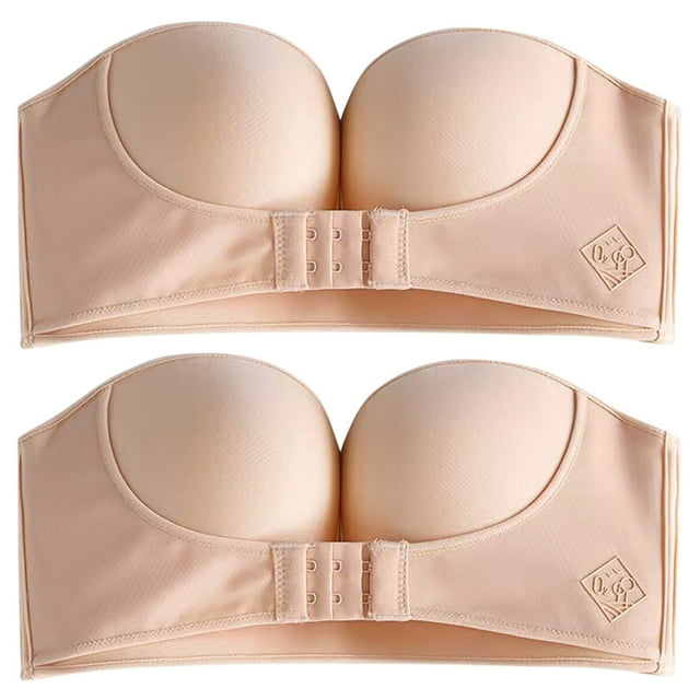 WZXFASHION Womens 2PCS Solid Color Strapless Non Slip Adjustment Rimless Dress Bra F Cup Bra Beige 75F