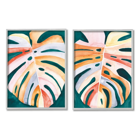 Stupell Industries Tropical Monstera Leaves Botanical & Floral Painting Gray Framed Art Print Wall Art, 11 x 14, Set of 2