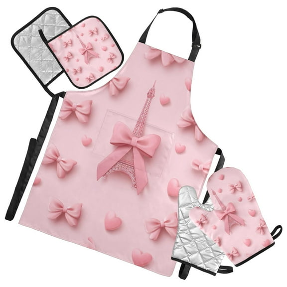 Pink Effiel Tower Hearts Bows Valentine Apron Set with Oven Mitts Pot Holders Set of 5 Kitchen Stuff Accessories